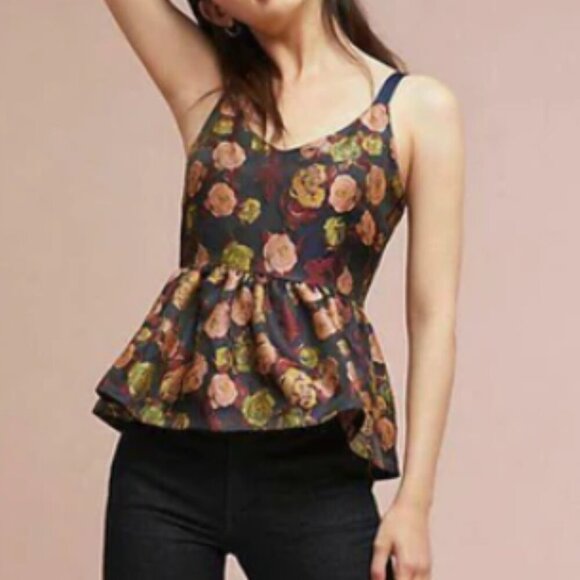 Anthropologie Tank Top Womens Small Black Sleeveless Floral Jacquard Peplum Hem - Picture 8 of 9
